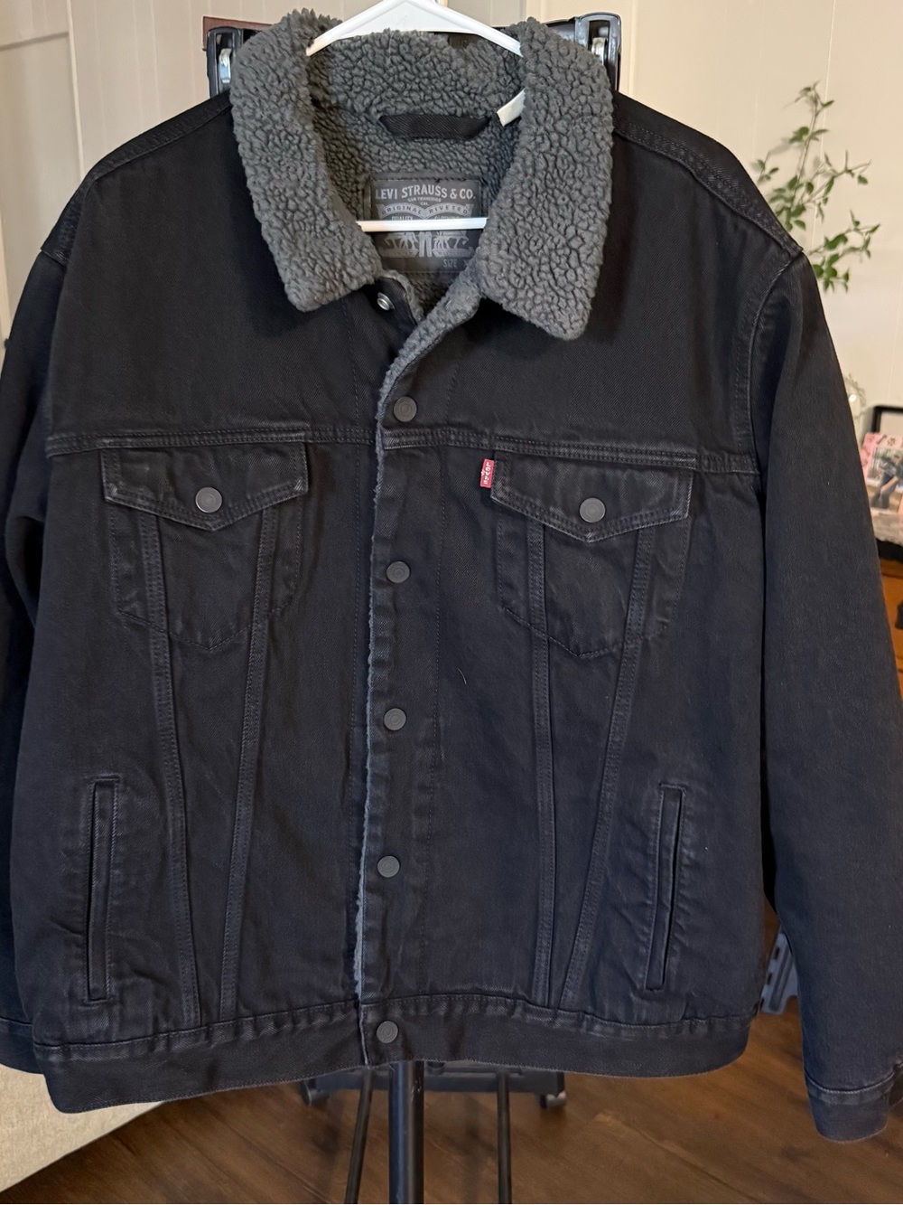 Levi's Black Trucker Jacket with Gray Sherpa Collar